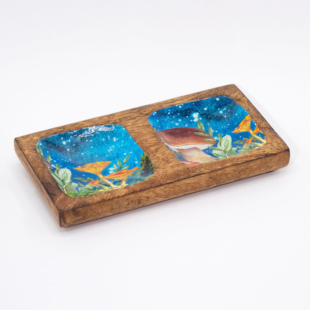 Double Trinket Tray 20x10x2.5cm - Mushroom Design Teal