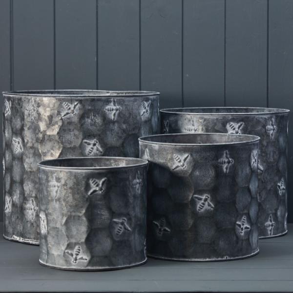 Set of Four Vintage Cylinder Bee Zinc Planters Set of Four Vintage Cylinder Bee Zinc Planters