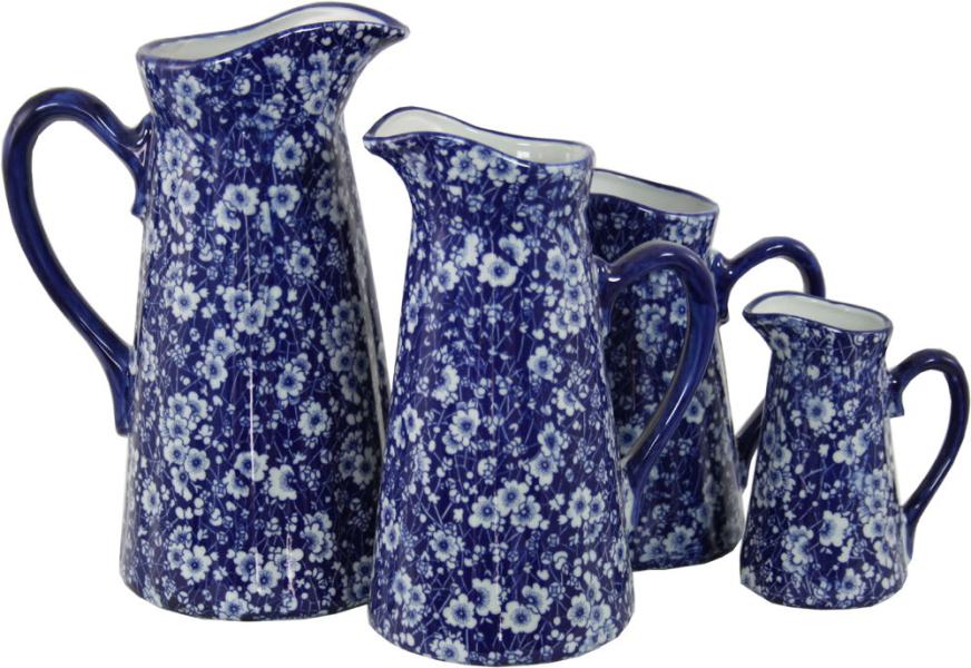 Set of 4 Ceramic Jugs  Vintage Blue & White Daisies Design