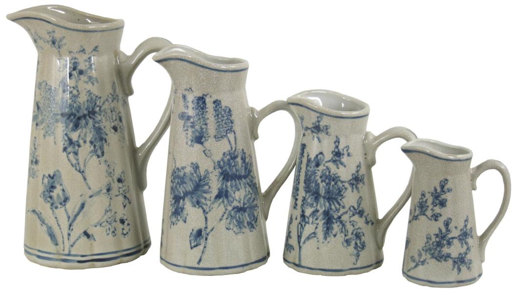 Set of 4 Ceramic Jugs  Vintage Blue & White Magnolia Design