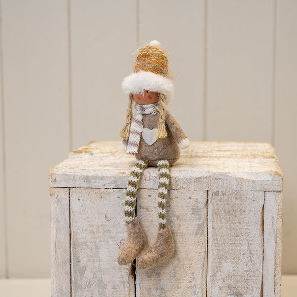 Beige Christmas Doll with Knitted Hat  Chunky Boots and Heart Jumper