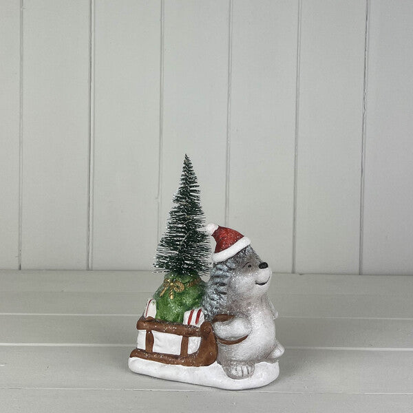 Hedgehog to the right with Sledge and Light Up Tree L12.5 xW7 xH15.5