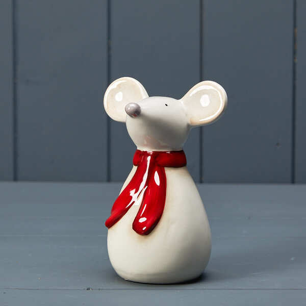Ceramic mouse with red scarf 10x7.5x14cm