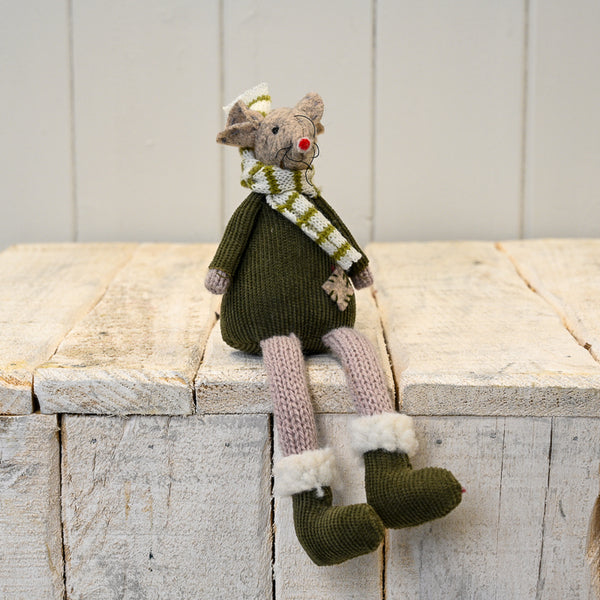 Fabric Mouse with Green Jumper  Stripey Scarf and Dangly Legs
