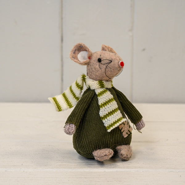 Fabric Mouse with Green Jumper and Stripey Scarf (9cm)