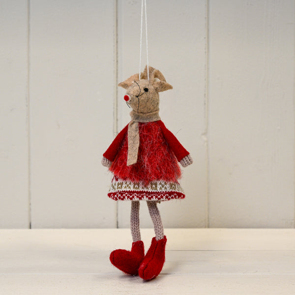 Hanging Red Winter Mouse with Red Detailed Dress