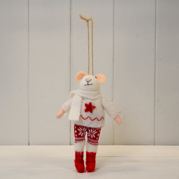 Hanging wool mouse in nordic outfit (15cm) 10x4x15cm