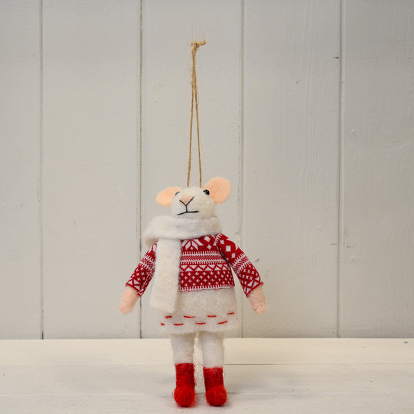 Hanging wool mouse in nordic outfit (15cm) 11x5x15cm