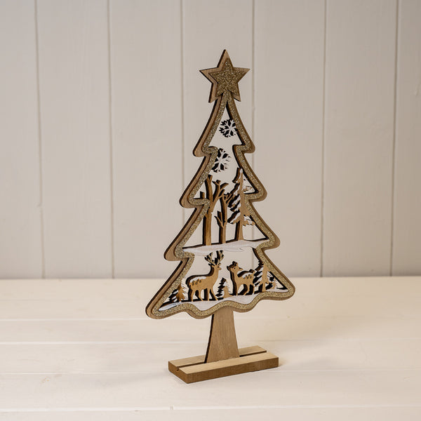 Large Glittery Wooden Christmas Scene Tree