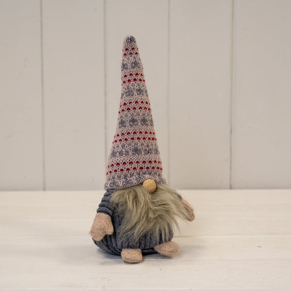 Grey Ribbed Fabric Gonk with Grey  White and Red Patterned Hat