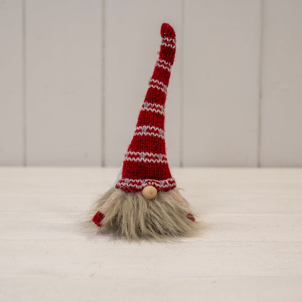 White Knitted Gonk with Red and White Patterned Hat
