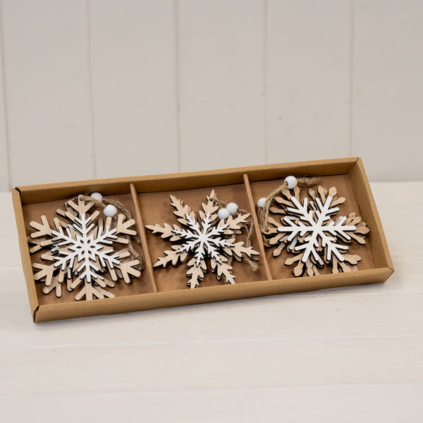 Set of 6 Natural and White Wooden Hanging Snowflake