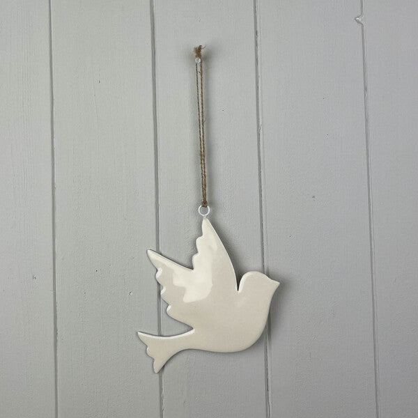 White Enamel Hanging Dove 12x11cm