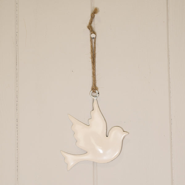 White Enamel Hanging Dove 8x6.5cm