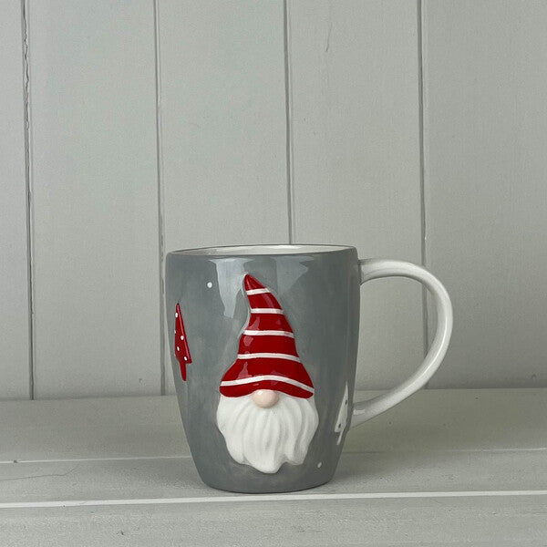Grey Ceramic Gonk Mug with Red Stripey Hat and White Handle