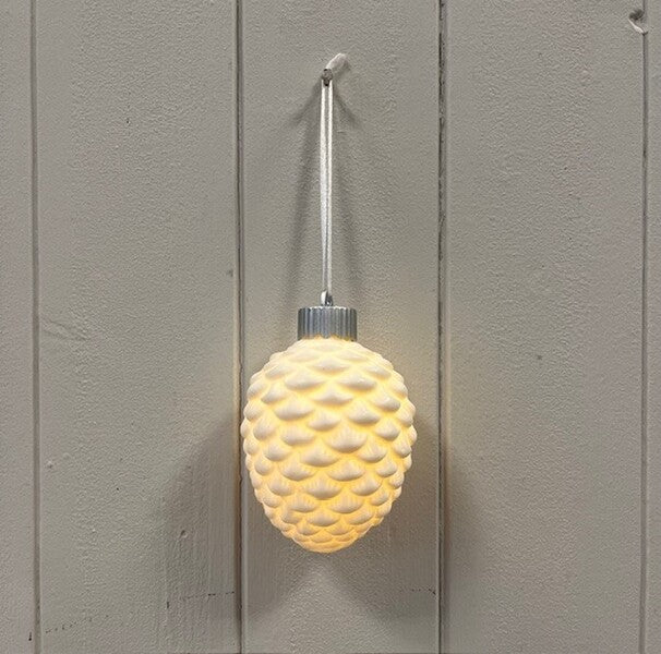 Ceramic hanging pinecone bauble with LED light  size 6.5x6.5x8cm