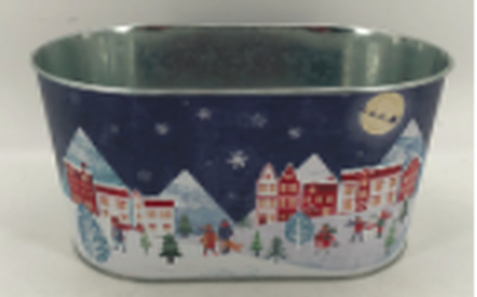 Blue Christmas Village Scene Oval Planter 22.5 x 13.5cm  x H11.5 cm
