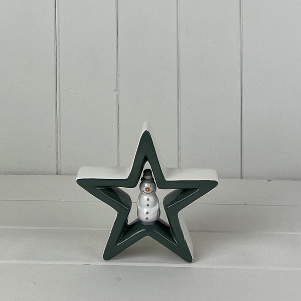 Dark Green Ceramic Star with Snowman Decoration L15.3xD4xH14.4cm  Weight-272g