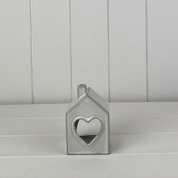 Glazed Ceramic House Tealight Holder with Heart Cut Out with Textured Detail L7xD6xH11cm  Weight-19