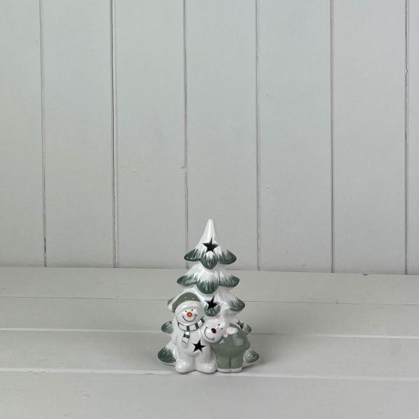 Green/White Ceramic Tree with Snowman and Reindeer Decoration with LED L9.5xD5.8xH13cm  Weight-161g