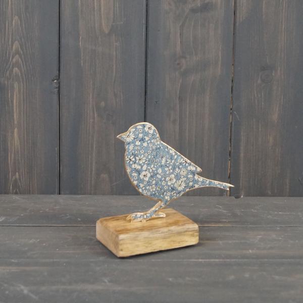Blue Metal Bird on Wooden Base 12cm