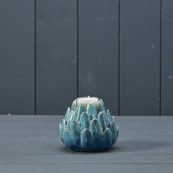 Blue Ceramic Flower Tealight D10.1cm H8.7cm