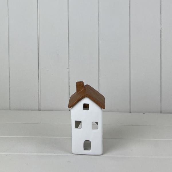 White/Wood Grain Effect Ceramic House Tealight Holder L7.5xD6.9xH14.5cm  Weight-274g