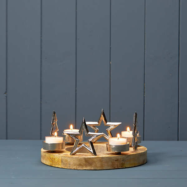 Silver Ring with Stars & Trees with 4 T-Lights on Wooden Base 23x23x11cmÂ  Weight-648g