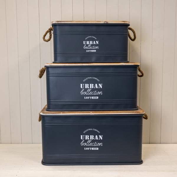 Set of Three Grey Urban Rectangular Storage Containers L:68Lx35.5Wx35H-M:62Lx32Wx31H-S:51Lx28Wx26.5
