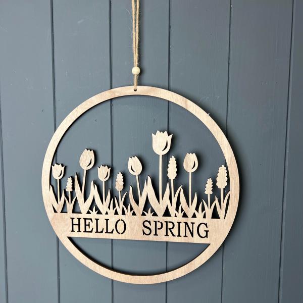 Round Wooden"Hello Spring" Wreath D30cm W0.5cm  Weight-85g