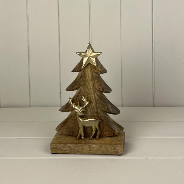 Gold Wood/Metal Tree and Reindeer Festive Decoration L15xD6.2xH23cm  Weight-344g