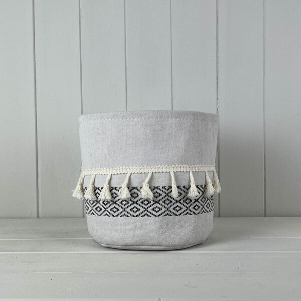 Large Cylinder White and Black Cotton Planter with Tassels (18cm)  Weight-68g