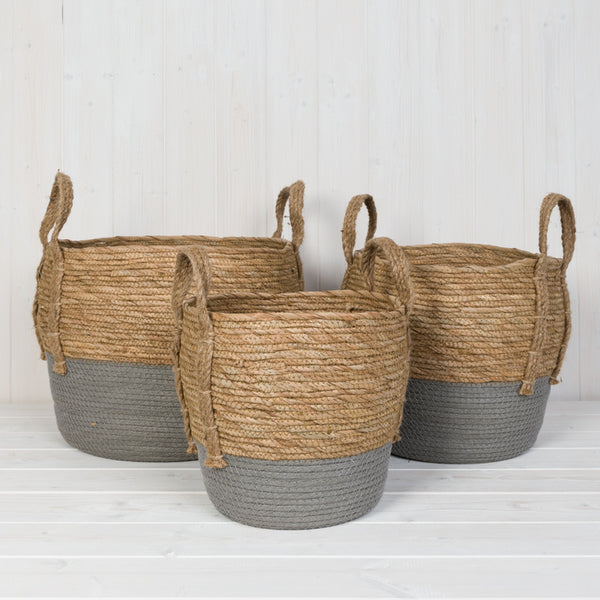 Set of 3 Straw Baskets With Grey Dipped Bottom L: TD35cm H29cm B28cm M: TD30cm H27cm B23cm S: TD24c