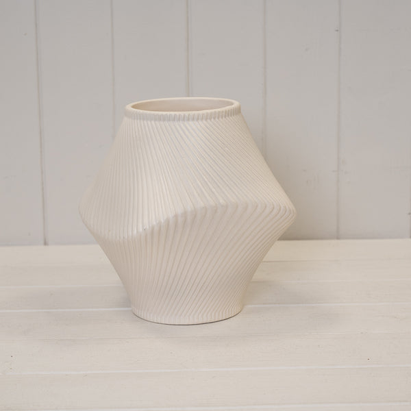 Short Beige Sculptural Ribbed Vase