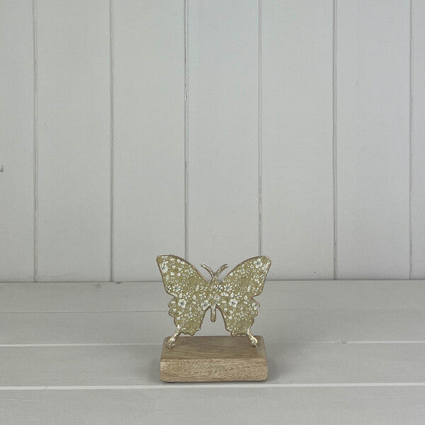 Light Green Metal Butterfly on Wooden Base 10x12x5cm