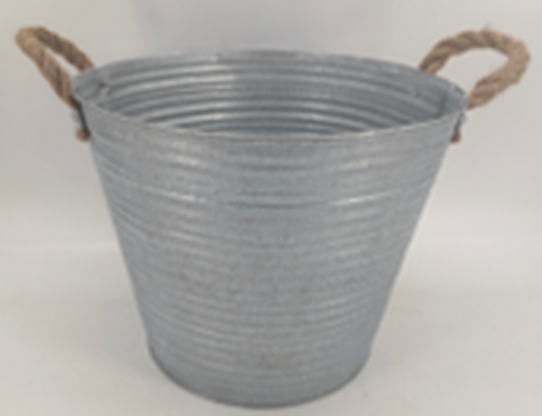 27cm Aged Zinc Planter with Rope Handles & Drainage Hole
