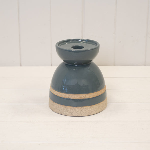 Blue Ceramic Glazed Candle Holder with Unglazed Detail 13cm x 13cm x 14cm