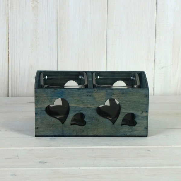 Two Part Blue Tealight with Cut Out Heart Detail H 8 X L 18 cm