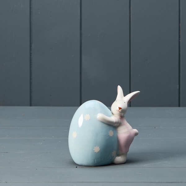 Ceramic Pink Rabbit with Blue Egg H11 W11.5 D6