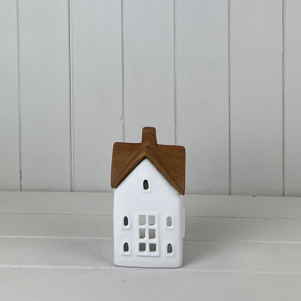 White/Wood Grain Effect Ceramic House Tealight Holder L9.4xD7.4xH16.5cm  Weight-363g