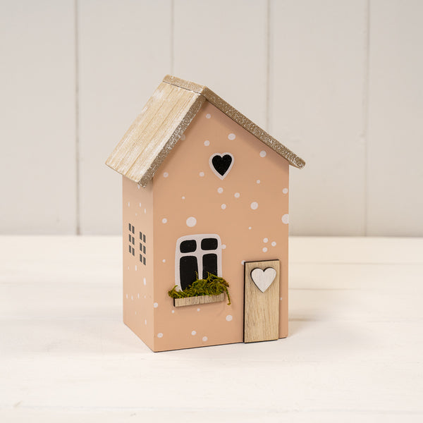 Pink Wooden House Decoration L11.5xW8xH17.5cm