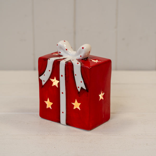 Red/White Ceramic Present with LED L10xW6.5xH12cm