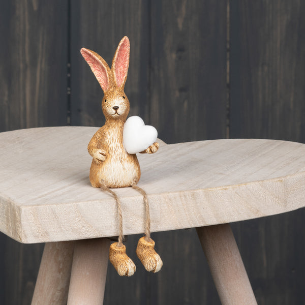 Sitting Rabbit Ornament holding White Heart and Dangly Legs