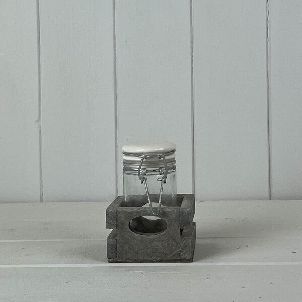 Wooden Holder With 1 Glass Jar + White Lid 6.5x6.5xH4cm