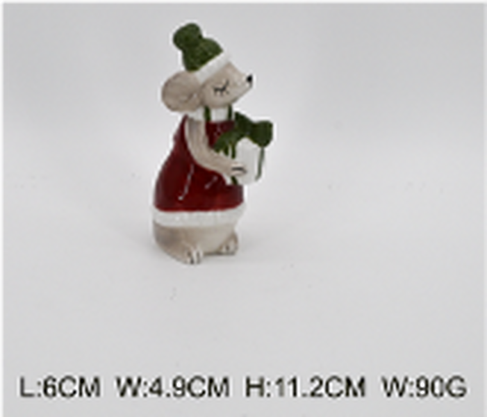 Ceramic Mouse with Present Red Medium