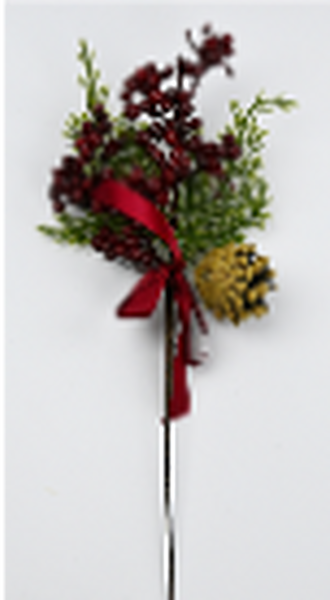 Red Berry and Pinecone Pick with Red Ribbon