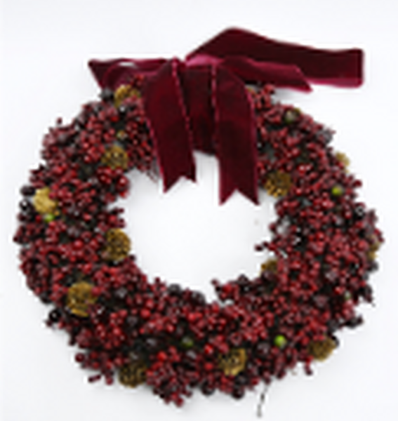 Luxury Wreath Burgundy Berry with Mini Pinecone and Velvet Ribbon Bow  Medium