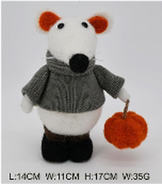 Felt Mouse With Grey Sweater and Pumpkin