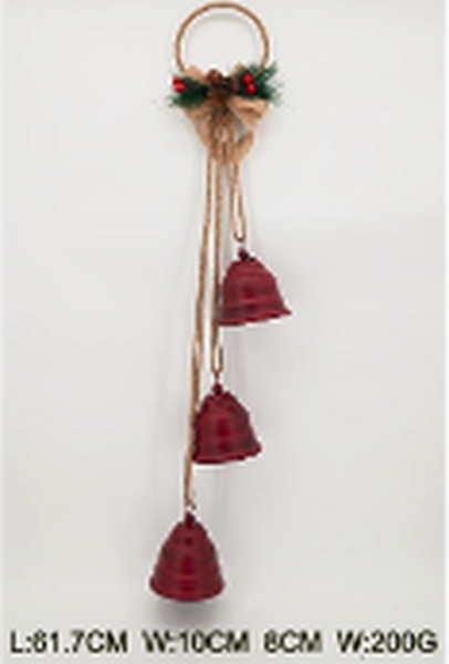 Hanging Trio of Red Bells on Hoop