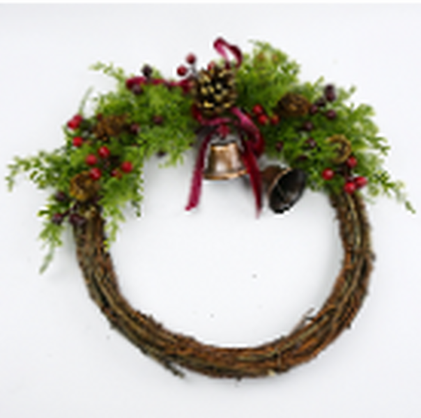 Twig Wreath With Red Berry, Pinecones with Bells and Bow Detail Large